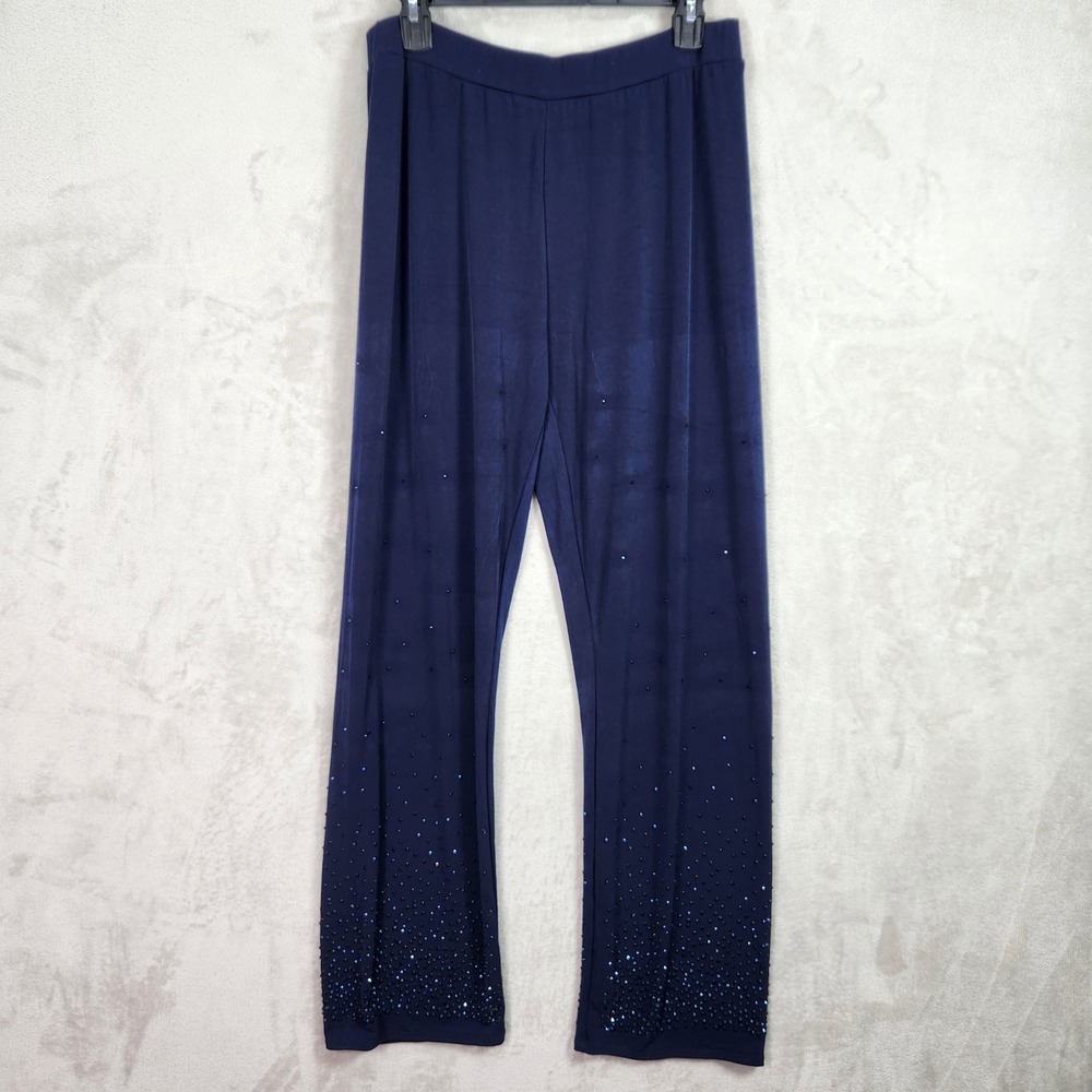 Susan Graver Pants Womens Medium Navy Occasions Liquid Knit Rhinestone A672491